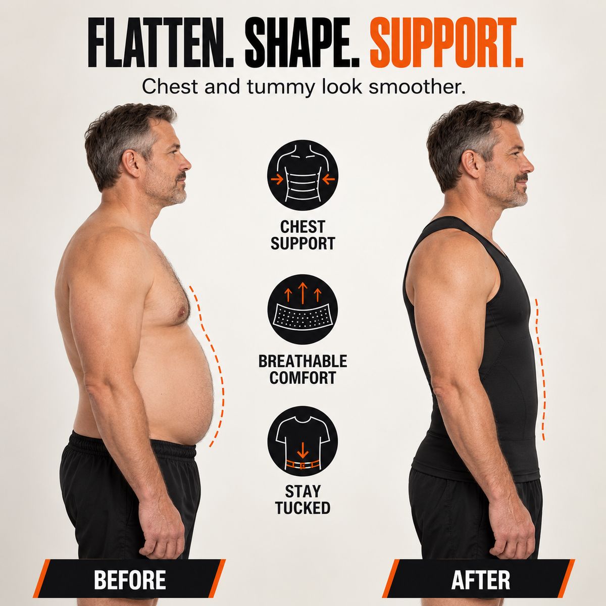 Before and after: flatter chest and tummy with Torsique™