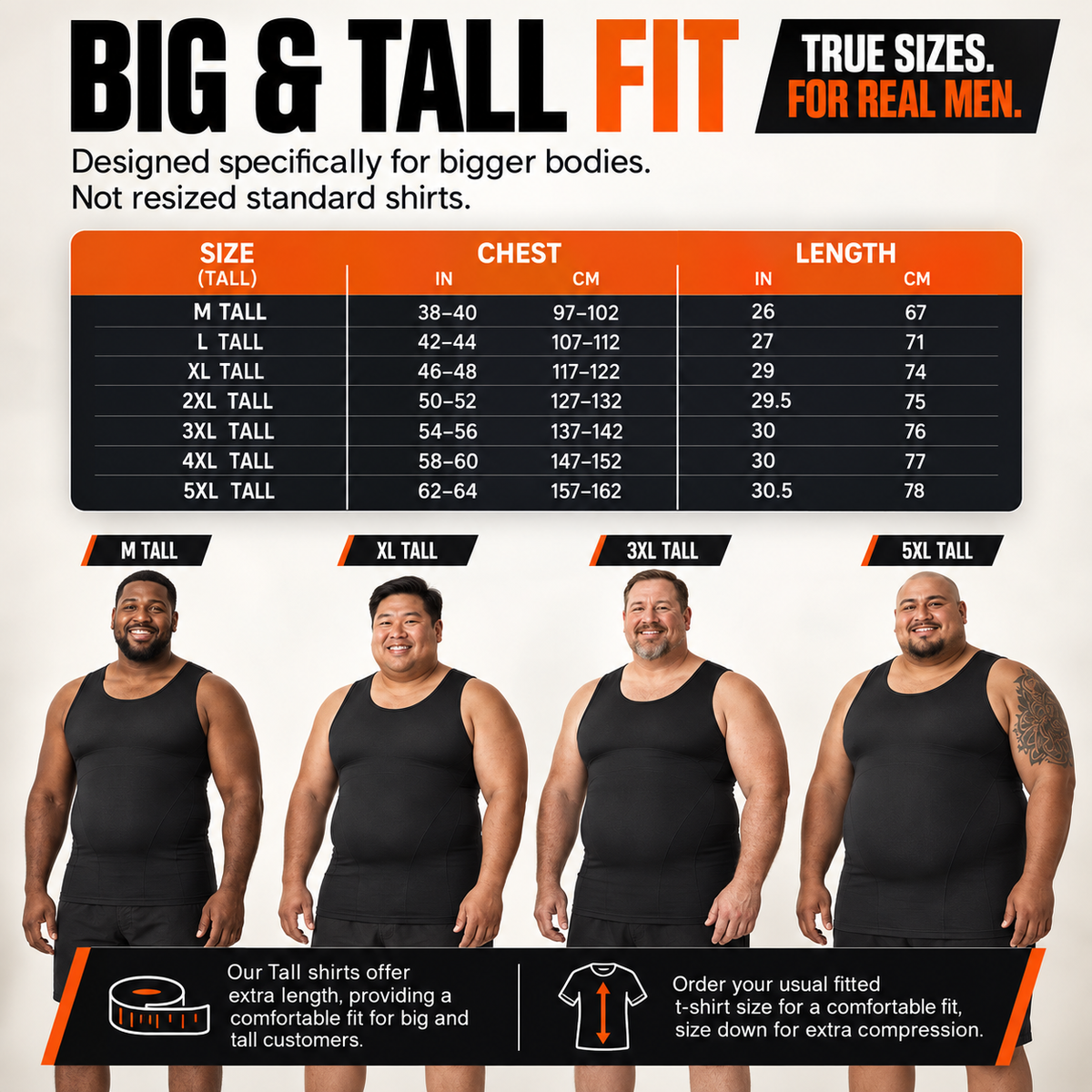 Big and tall size chart in inches and cm